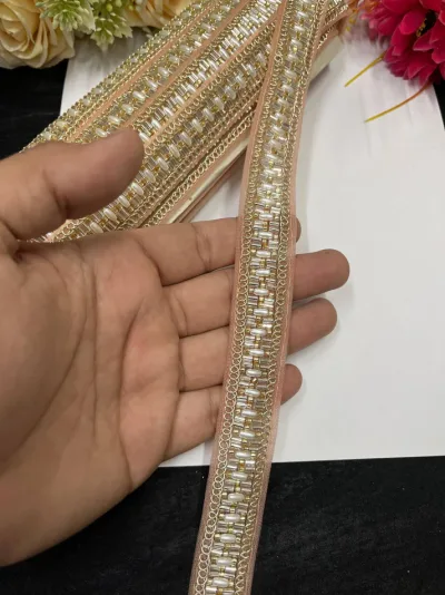 Delicate Pearl Work Designer Maggam Work Saree Lace - Peach